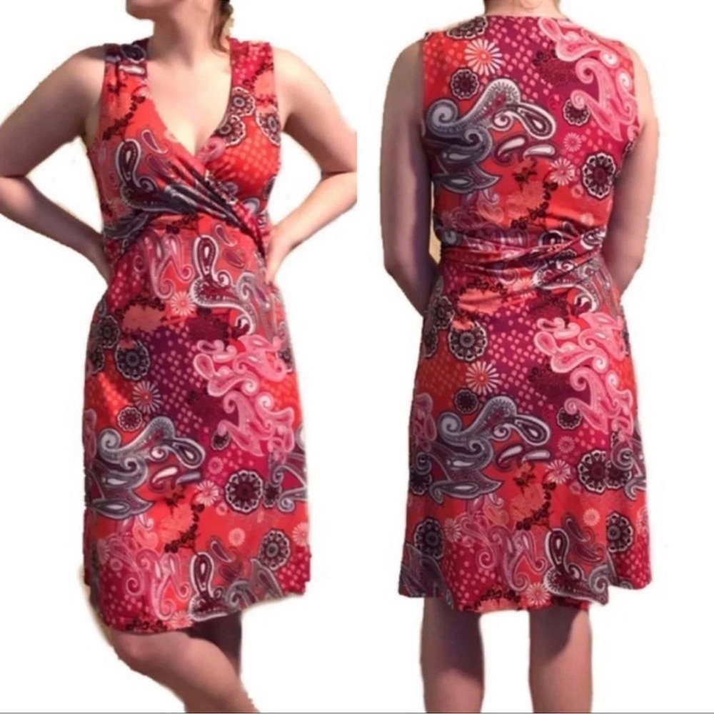 Prana Dress Womens Medium Faux Wrap Twist Paisley Stretch Boho Colorful Active